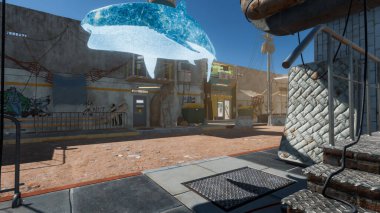 Gelecekçi mega şehrin caddesi, teknoloji ve çevre koruma arasında bir denge. 3d oluşturma