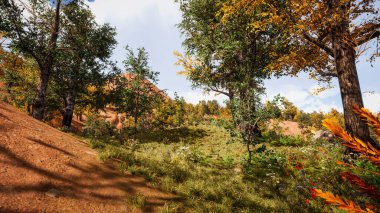 Sonbaharda orman ortamı. 3d oluşturma