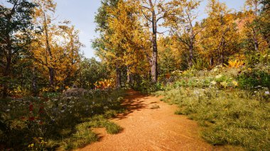 Sonbaharda orman ortamı. 3d oluşturma