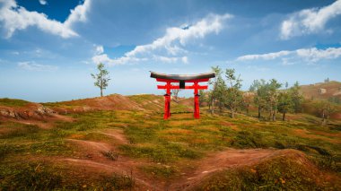 3 boyutlu görüntüleme. Geleneksel Japon kapısı Torii, Shintoizm sembolü. Doğal manzara.