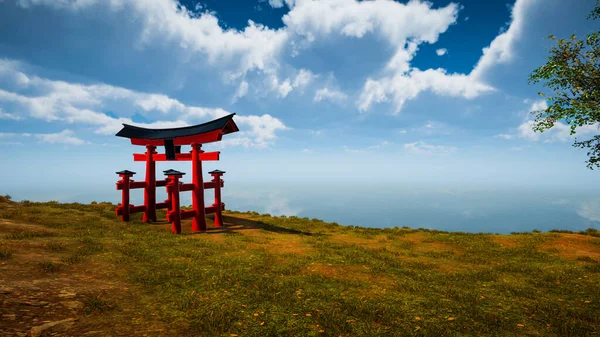 stock image 3D rendering. Japanese traditional gate Torii, symbol of Shintoism .Natural landscape