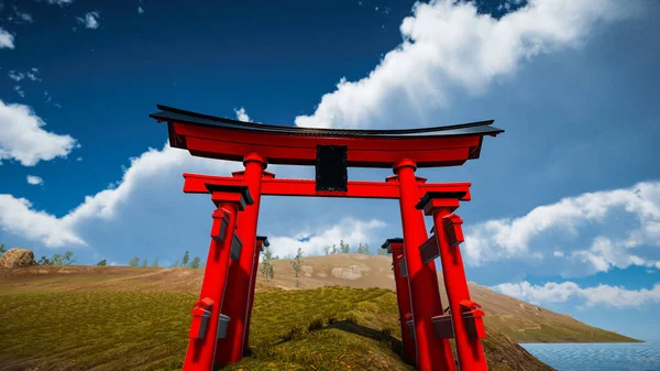 Renderização Portão Tradicional Japonês Torii Símbolo Xintoísmo Paisagem Natural — Fotografia de Stock