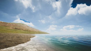 3 boyutlu görüntüleme. Ağaçsız yeşil bir adanın doğal ortamı. Sürdürülebilir kalkınma hedefleri ve ekosistem korumasını göstermek için arka plan.