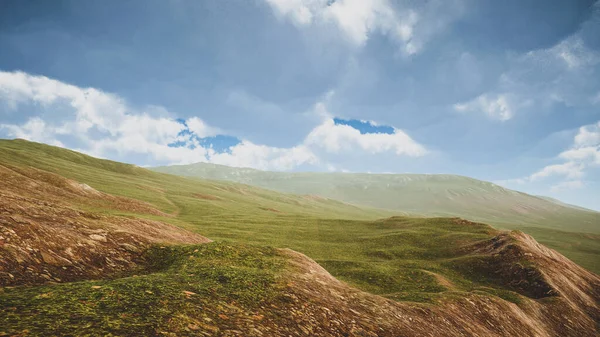 stock image 3D rendering. Natural environment of a green island with no trees. Background to illustrate sustainable development goals, and ecosystem protection.