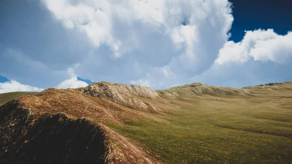 stock image 3D rendering. Natural environment of a green island with no trees. Background to illustrate sustainable development goals, and ecosystem protection.