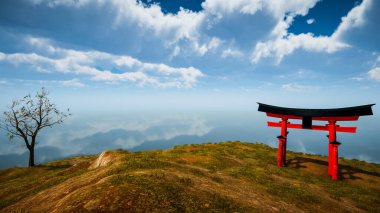 3 boyutlu görüntüleme. Geleneksel Japon kapısı Torii, Shintoizm sembolü. Doğal manzara.