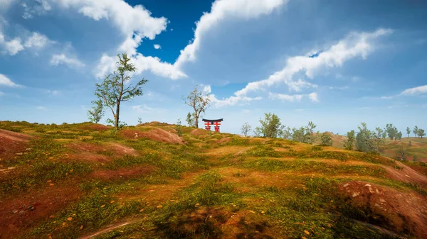 stock image 3D rendering. Japanese traditional gate Torii, symbol of Shintoism .Natural landscape