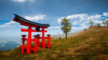 3 boyutlu görüntüleme. Geleneksel Japon kapısı Torii, Shintoizm sembolü. Doğal manzara.