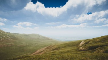 3 boyutlu görüntüleme. Ağaçsız yeşil bir adanın doğal ortamı. Sürdürülebilir kalkınma hedefleri ve ekosistem korumasını göstermek için arka plan.
