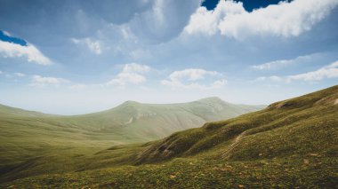 3 boyutlu görüntüleme. Ağaçsız yeşil bir adanın doğal ortamı. Sürdürülebilir kalkınma hedefleri ve ekosistem korumasını göstermek için arka plan.