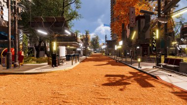 3 boyutlu görüntüleme. Gelecekçi manzara, siber punk tarzı ve doğal çevresi olan Neo şehri.