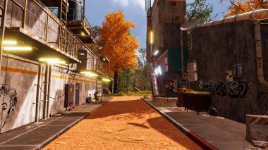 3 boyutlu görüntüleme. Gelecekçi manzara, siber punk tarzı ve doğal çevresi olan Neo şehri.