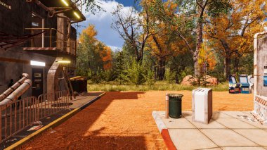 3 boyutlu görüntüleme. Gelecekçi manzara, siber punk tarzı ve doğal çevresi olan Neo şehri.