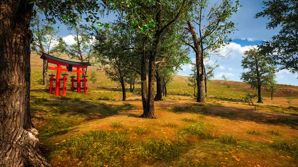 stock image 3D rendering. Japanese traditional gate Torii, symbol of Shintoism .Natural landscape