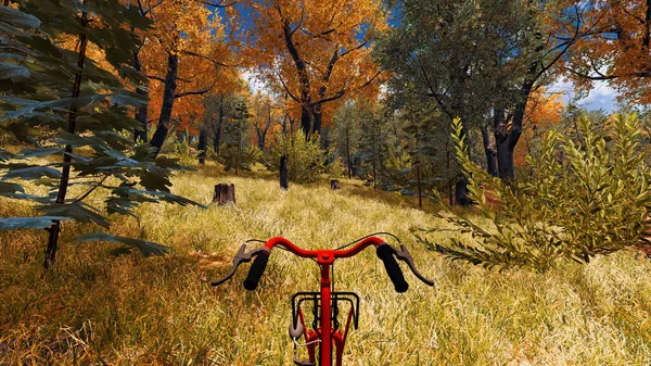 stock image red bike in the digital environment about sustainable development 3D rendering