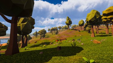 Sürdürülebilir kalkınma hedefleri, biyolojik çeşitlilik, büyüyen bir ekonomi ve ekoloji için grafiksel kaynaklar çokgen stili. 3 Boyutlu Hazırlama