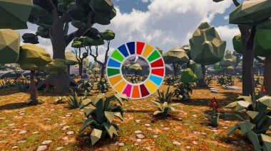 Graphic resources for sustainable development goals, biodiversity, a growing economy and ecology. 3D render and low poly clipart