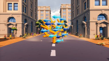 Landscape social with direct-to-consumer and containers for products 3d render