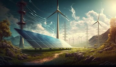 Renewable Energy in Nature: 3D Illustration of Power Poles, Wind Turbines, and Solar Panels clipart