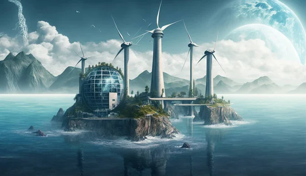 Cidade Energia Verde Junto Oceano Com Montanhas Lua Ilustração — Fotografia de Stock