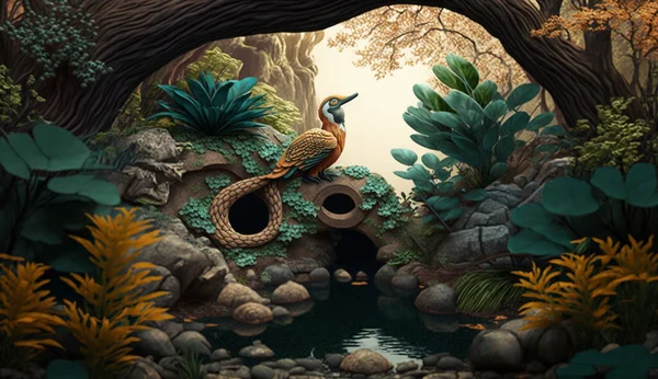 Mystical Jungle Imaginary Animals Waterfalls Illustration — Stock Photo, Image