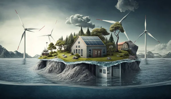 Green Energy House on an Island - 3D Illustration of Sustainable Living Amidst Climate Change