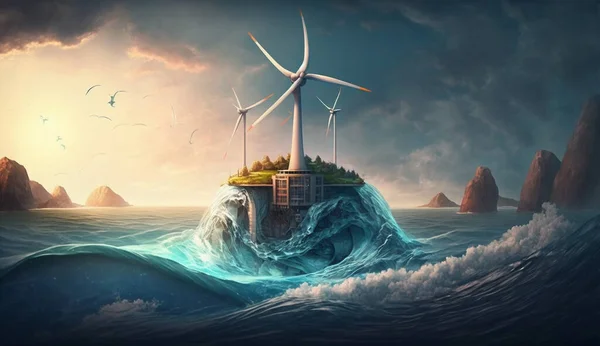 Illustratie Van Een Milieuvriendelijke Eilandstad Tegenover Een Storm Boven Oceaan — Stockfoto