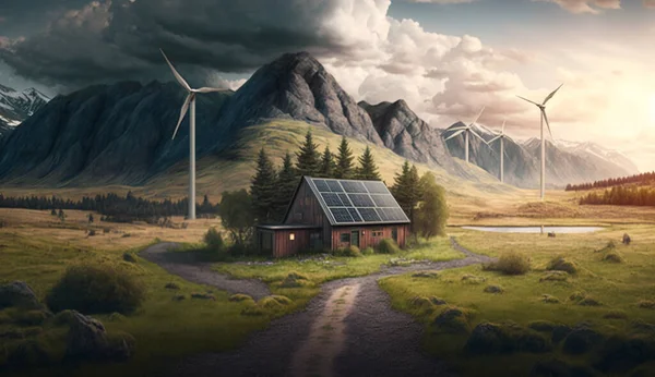 風力タービンと山の背景を持つ田舎の環境に優しい家の3Dイラスト — ストック写真