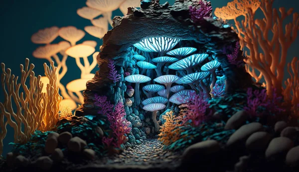 具有生态光的奇妙的水下世界 3D图解 — 图库照片