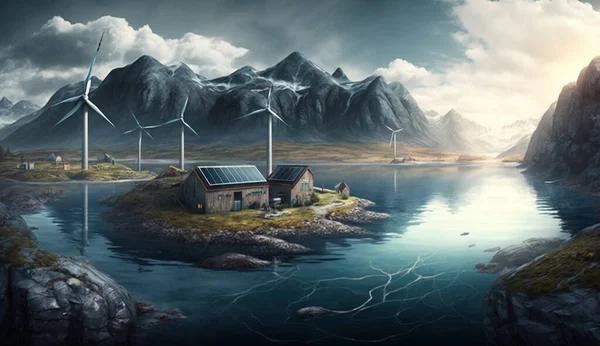 有风力涡轮机和山地景观的风景岛上的现代住宅 — 图库照片