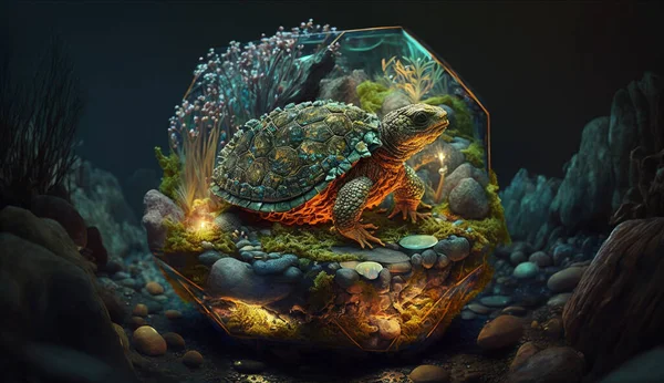 带球体和岩石的自然环境中海龟的三维图解 — 图库照片