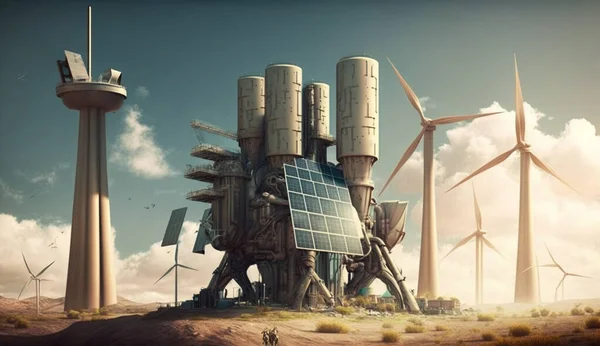 沙漠景观3D图解中带有太阳能面板的未来风力涡轮机塔 — 图库照片
