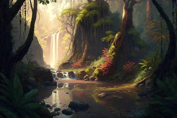 神秘的な熱帯雨林の滝 鮮やかな花とセレン荒野の隠された宝石 — ストック写真