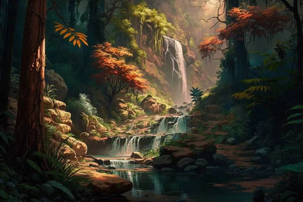 神秘的な熱帯雨林の滝 鮮やかな花とセレン荒野の隠された宝石 — ストック写真