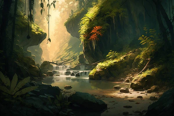Mystický Deštný Prales Vodopád Skrytý Klenot Živé Flóry Klidné Divočiny — Stock fotografie