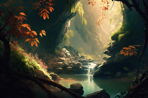 Mystical Rainforest Waterfall Hidden Gem Vibrant Flora Serene Wilderness — Stock Photo, Image