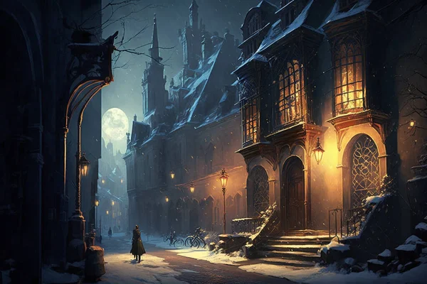 A Cozy European Village at the Foot of Snow-Capped Mountains with Warm Streetlights and a Quaint Atmosphere - Cityscape Art
