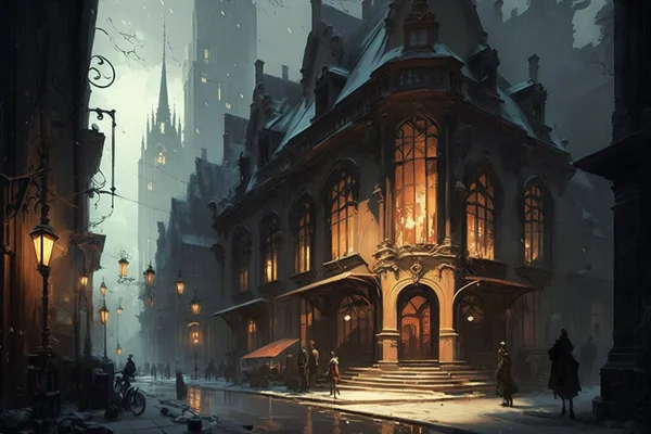 Sıcak sokak lambaları ve antika bir atmosferi olan Karla kaplı Dağların eteklerinde rahat bir Avrupa Köyü - Şehir Sanatı