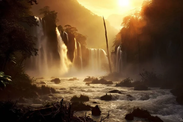 壮大な滝 自然の強力なディスプレイの美しさを発表 イラスト — ストック写真