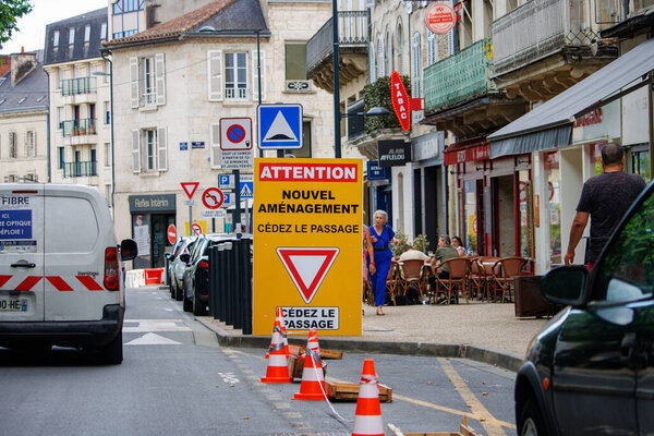 At Perigueux, France June 10, 2023: Guiding Progress - Construction Signs Indicating a New Intersection