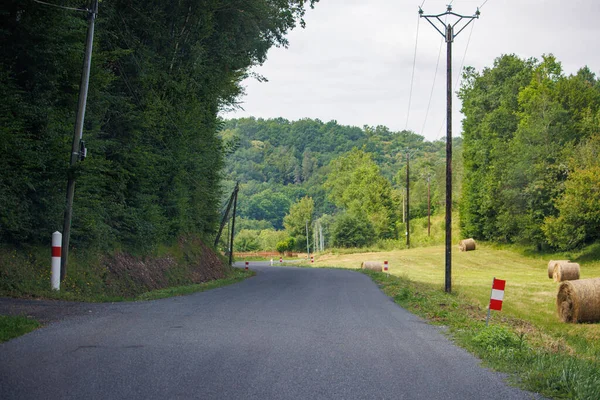 Dordogne Franciaország Július 2023 Road Forest Left Hay Bales Right — Stock Fotó