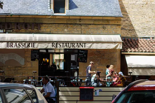 Sarlat France August 2023 Epicurean Invitation Facade Brasserie Restaurant Sarlat — Stock Photo, Image