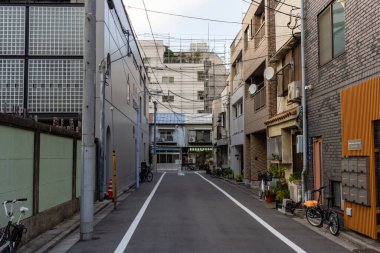Tokyo, Japonya, 25 Ekim 2023: Tokyo 'da Bisiklet ve Bitkilerle Serene Residential Alley