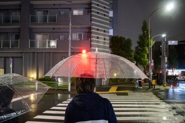 Tokyo, Japonya, 25 Ekim 2023: Temiz Şemsiyeli Tek Başına Tokyo 'da Yağmurlu Yaya Geçidi' nde Bekliyor