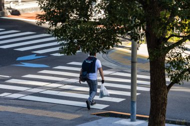 Tokyo, Japonya, 26 Ekim 2023: Sokakta yürüyen bir alışveriş çantası taşıyan bir yaya.