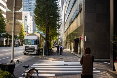 Tokyo, Japonya, 26 Ekim 2023: Yakındaki bisiklet ile karşıdan karşıya geçmek için bekleyen yayalar