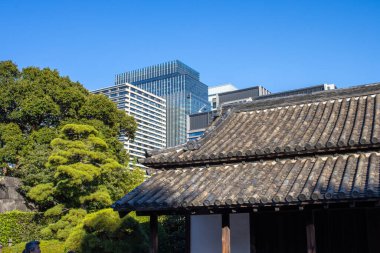 Tokyo, Japonya, 26 Ekim 2023: Geleneksel Japon çatılarının üzerine bakan modern binalar
