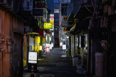 Tokyo, Japonya, 26 Ekim 2023: Geceleri neon levhalı dar sokaklar