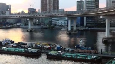 Tokyo, Japonya, 22 Kasım 2023: Günbatımında tekne ve şehir silüeti ile nehir üzerinde yükseltilmiş ekspres yol