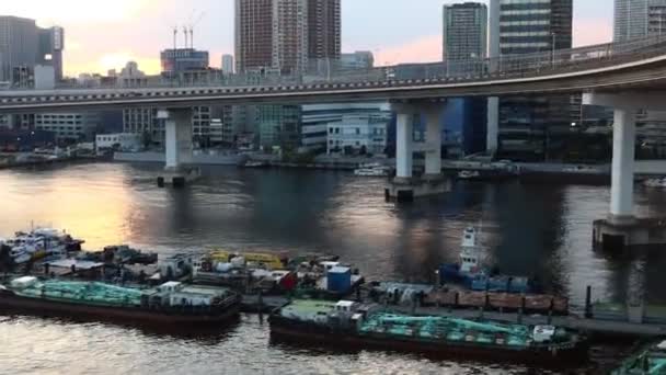Tokio Japan November 2023 Verhoogde Snelweg Rivier Met Boten Skyline — Stockvideo